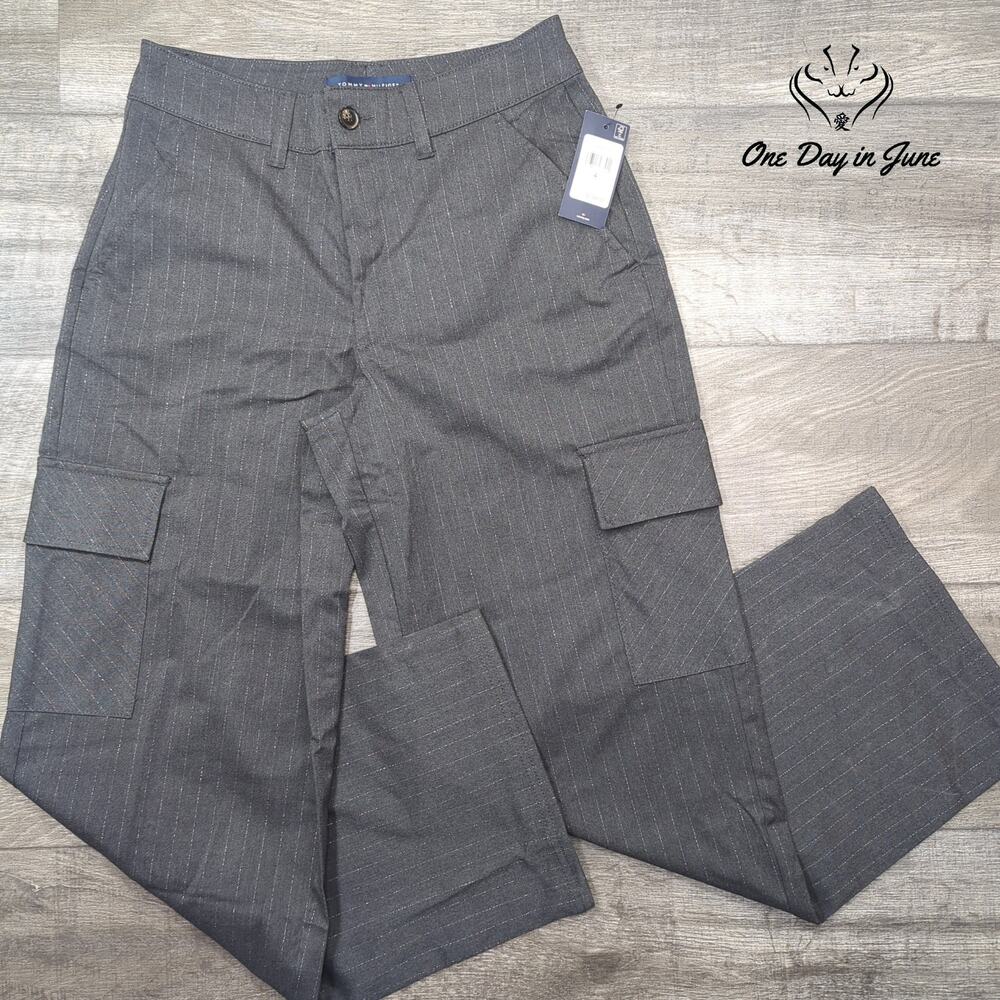 Tommy Hilfiger Metallic Pinstripe Wide Leg Cargo Pants Gray NWT Size 4